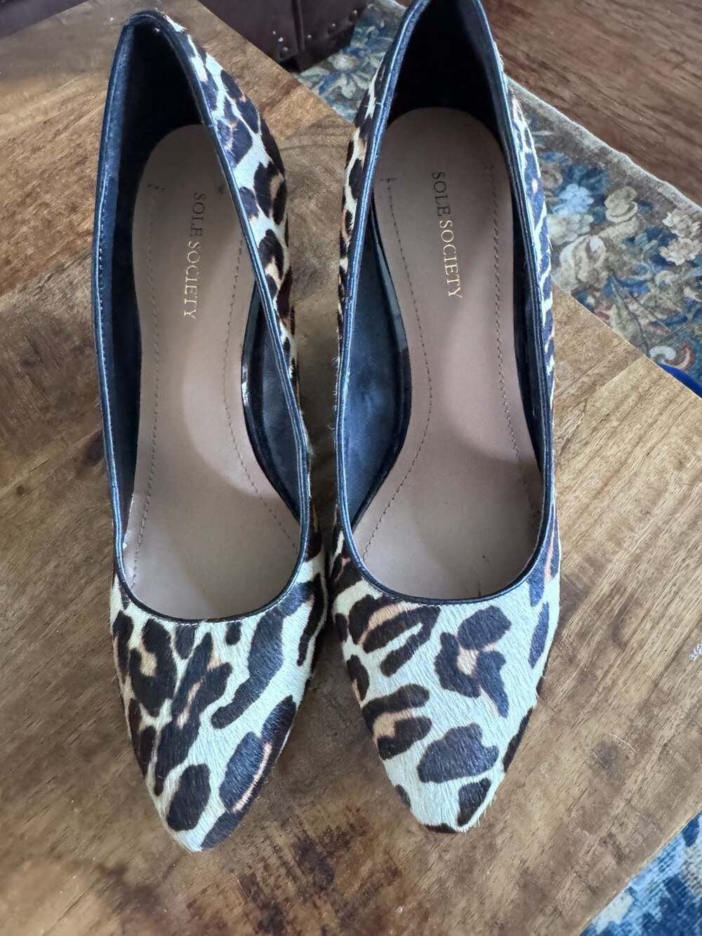 Sole Society Leopard Print Calf Hair Pointed Toe Wedge Pumps